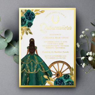 Smaragdgrünes Charro-Blumenkleid Quinceanera Gold Folieneinladung
