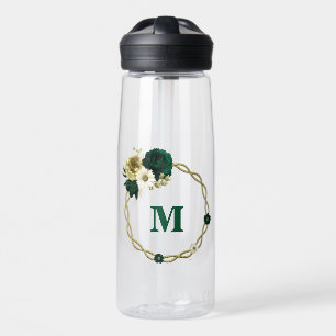 Smaragdgrünes Elfenbeingold-Blume-Monogramm Trinkflasche