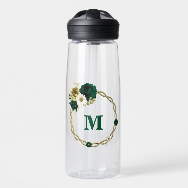 Smaragdgrünes Elfenbeingold-Blume-Monogramm Trinkflasche (Vorne)