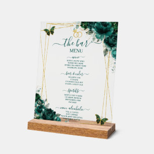 Smaragdgrünes Florales Hochzeitsbar-Cocktail-Menü Acrylschild