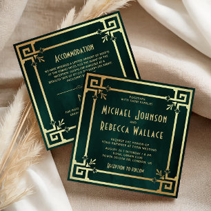 Smaragdgrünes Gold Art Deco All-in-One Hochzeit Einladung