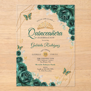 Smaragdgrünes Gold Floral Quinceanera 01 Acryleinladungen