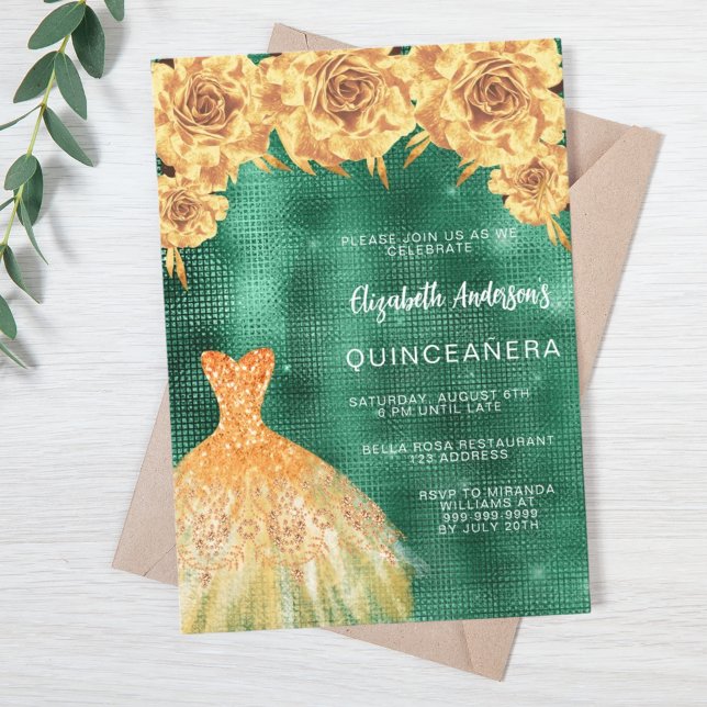Smaragdgrünes goldenes Kleid florale Quinceanera L Einladung (Von Creator hochgeladen)