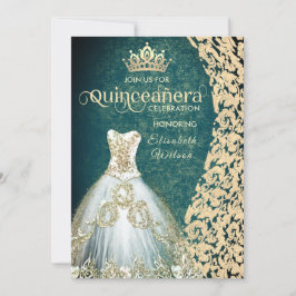 Smaragdgrünes Goldkleid Damask tiara Quinceañera Einladung