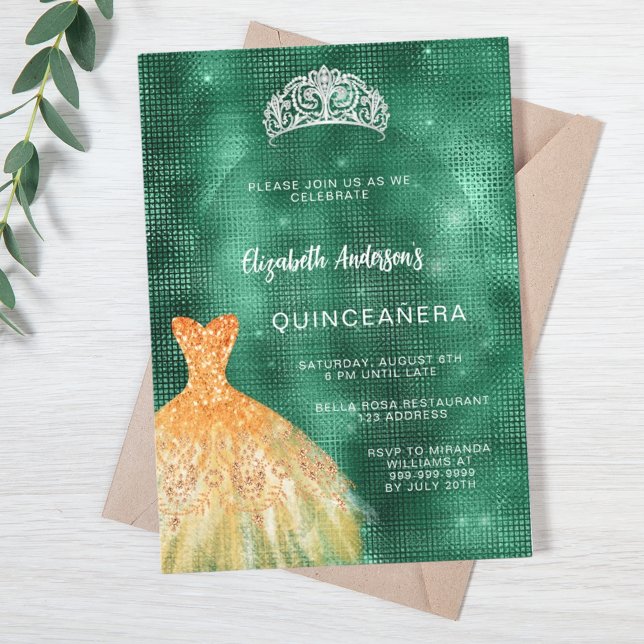 Smaragdgrünes Goldkleid tiara Quinceanera Einladung (Von Creator hochgeladen)