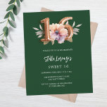 Smaragdgrünes Goldpfirsichgeld Süß 16<br><div class="desc">Eine moderne, stilvolle und glamouröse Einladung zu einem Sweet 16. Grün, grün, mit rosa, pfirsichfarbenen und lila Blume in Aquarelltönen dekoriert. Der Name ist mit einer modernen dunklen Rose goldfarbenen Handschrift geschrieben, die als Stilschrift dient. Personalisieren Sie Ihre Party-Daten und fügen Sie sie hinzu. Nummer 16 wird mit einem Schriftart...</div>
