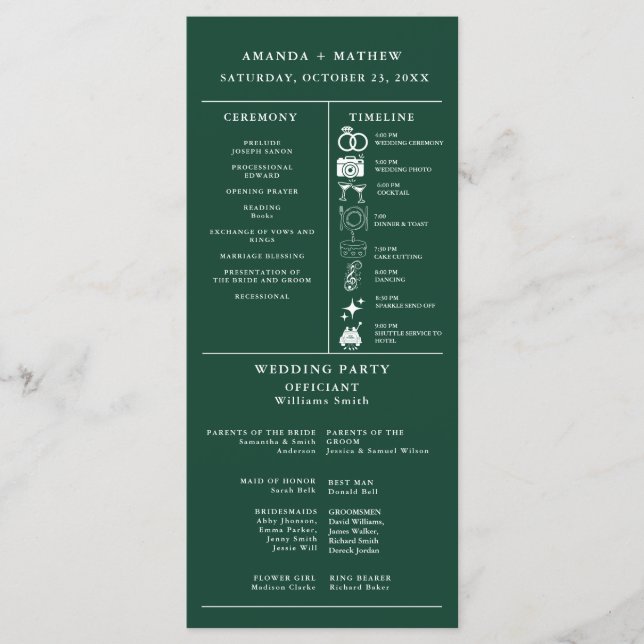 Smaragdgrünes Hochzeitsinfografik-Programm (Vorderseite)