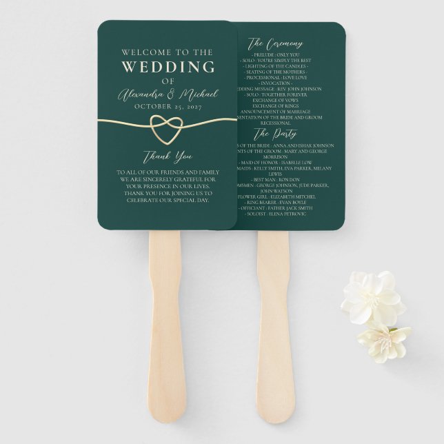 Smaragdgrünes Hochzeitsprogramm Handfächer (Vorne und Hinten)