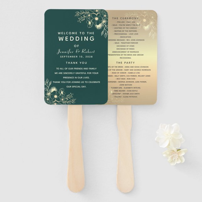 Smaragdgrünes Hochzeitsprogramm-Handfächer Fächer (Vorne und Hinten)