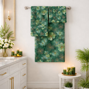 Smaragdgrünes Kleeblatt-Blumenmuster  Badhandtuch Set