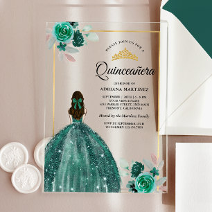 Smaragdgrünes Kleid Florales Gold Quinceanera Acryleinladungen