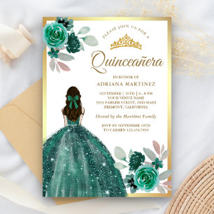Smaragdgrünes Kleid Florales Gold Quinceanera Einladung