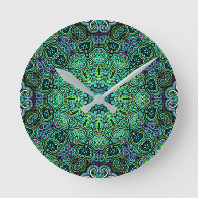Smaragdgrünes Mandala-Design Runde Wanduhr (Vorderseite)