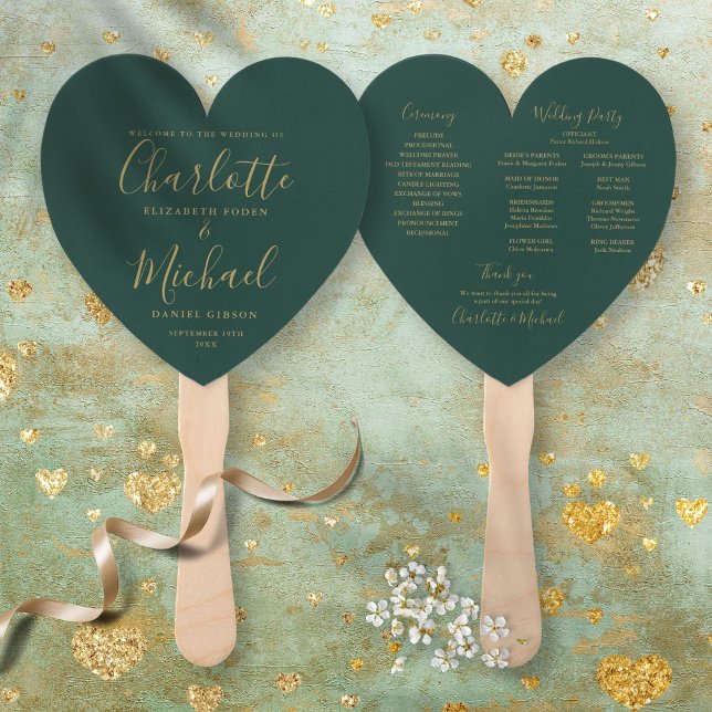 Smaragdgrünes und goldenes Hochzeitsprogramm Herz Fächer (Emerald Green And Gold Wedding Program Heart Hand Fan)