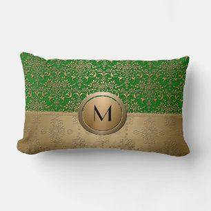 Smaragdgrünes und goldenes Monogramm-Damaskus-Desi Lendenkissen