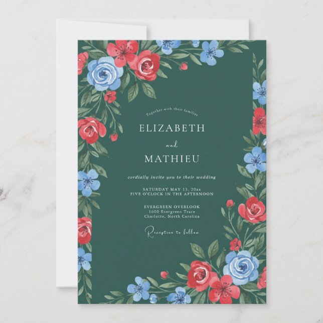 Smaragdrote florale Hochzeit Einladung (Vorderseite)