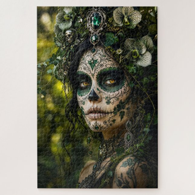 Smaragdwald-Calavera – Grüne Botanik Puzzle (Vertikal)