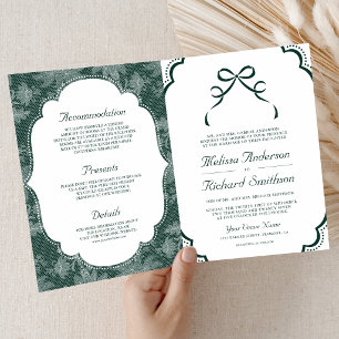 Smaragdweißes Schleifen-Coquette-QR-Code-Hochzeit Einladung