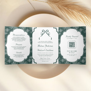 Smaragdweißes Spitzen-Coquette-Band QR-Code-Hochze Dreifach Gefaltete Einladung