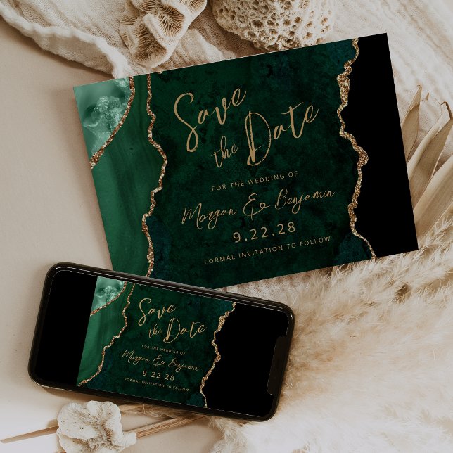 Smarald Green Agate Script Wedding Save the Date (Choose from printed invitations, instant digital download or both.)