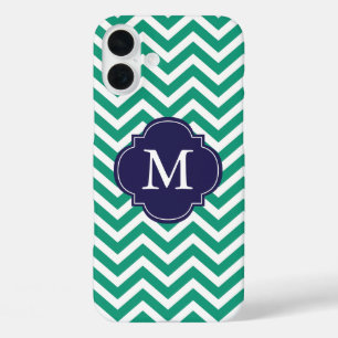 Smarald Green & Blue Zigzags-Muster Monogram iPhone 16 Plus Hülle