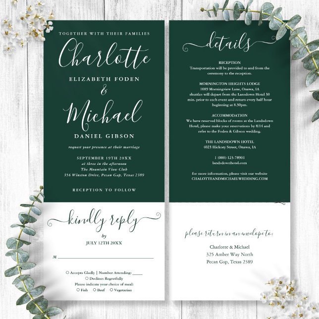 Smarald Green Elegant Script in einer Hochzeit Einladung (Emerald Green Elegant Script All In One Wedding Invitation)