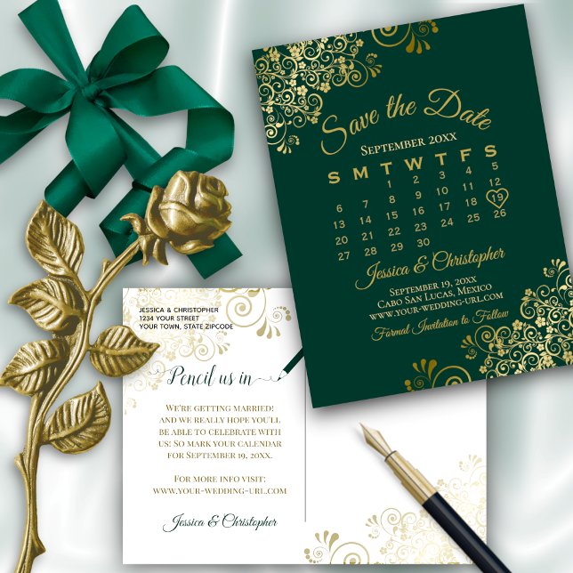 Smarald Green Gold Wedding Save the Date Calendar Ankündigungspostkarte (Front and Back)