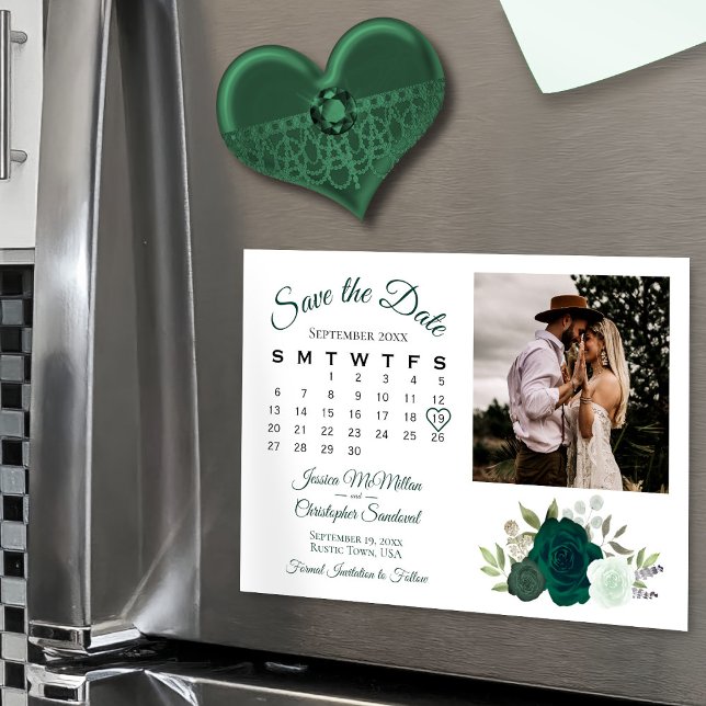 Smarald Green Rose Kalender & Foto Save the Date Magneteinladung (Magnetic Back for Easy Display!)