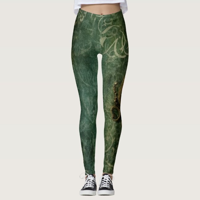 Smarald Green Rustic Steampunk Clock (3) Leggings (Vorderseite)