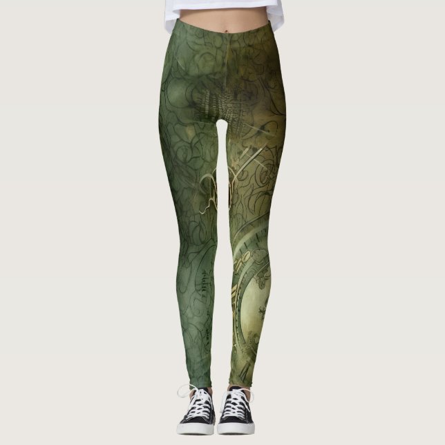 Smarald Green Rustic Steampunk Clock (5) Leggings (Vorderseite)