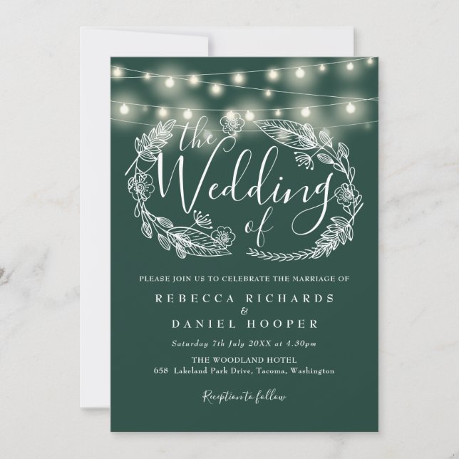 Smarald Green String Lights SkriptWedding Einladung (Vorderseite)