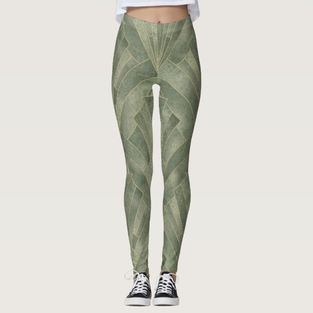 Smarald Green und Gold Art Deco Muster Leggings (Vorderseite)