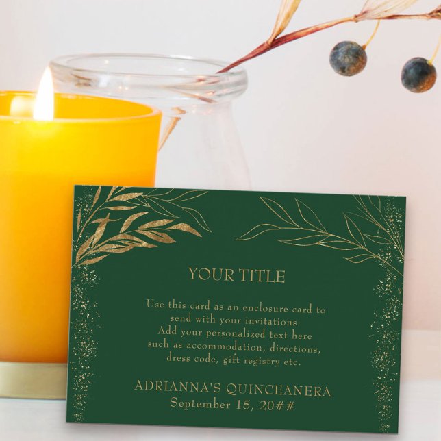 Smarald Green und Gold Leaf kundenspezifische Eins Begleitkarte (Quinceanera Reception Card in emerald green from my Gold Leaf Collection)