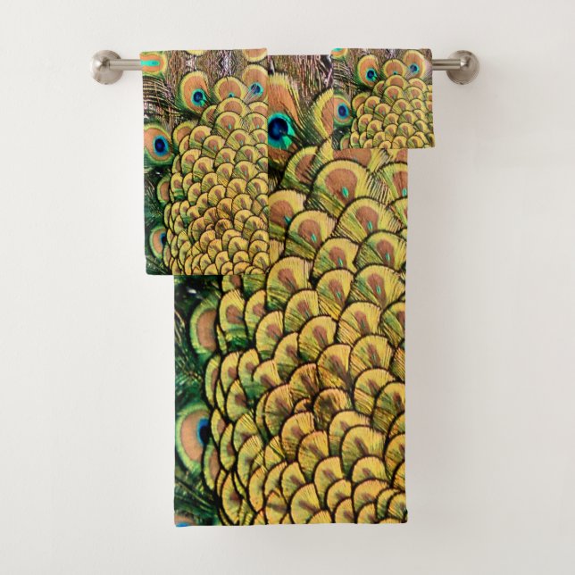 Smarald Green und Gold Peacock Feathers Badhandtuch Set (Insitu)