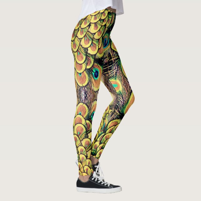Smarald Green und Gold Peacock Feathers Leggings (Rechts)