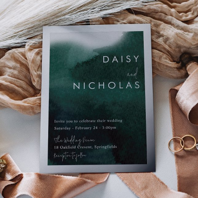 Smarald Green Watercolor Wedding Silver Folieneinladung (Von Creator hochgeladen)