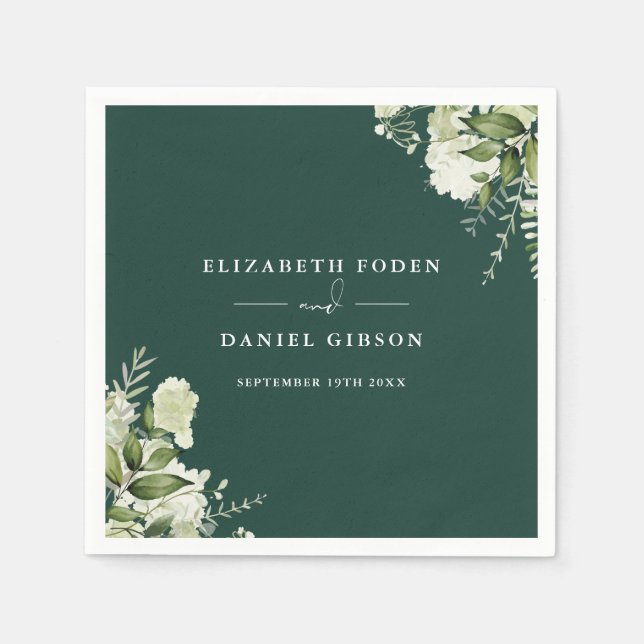 Smarald Greenery Floral Elegant Name Datum Serviette (Vorderseite)