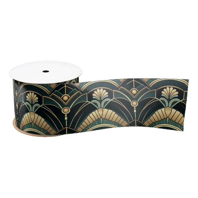 Smarald und Gold 1920er Jahre Art Deco Themed Wide Satinband (Spule)