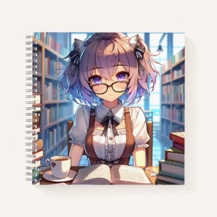 Smart Anime Girl in Library Reading Books Notizbuch