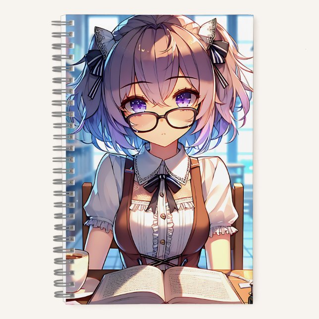 Smart Anime Girl in Library Reading Books Notizbuch (Vorderseite)