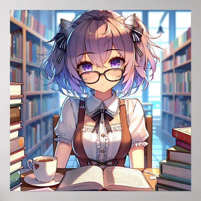 Smart Anime Girl in Library Reading Books Poster (Vorne)