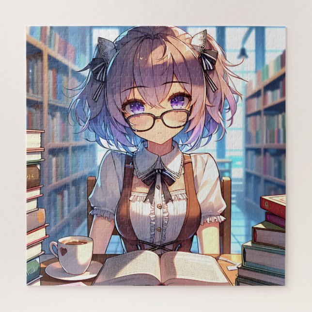 Smart Anime Girl in Library Reading Books Puzzle (Vertikal)