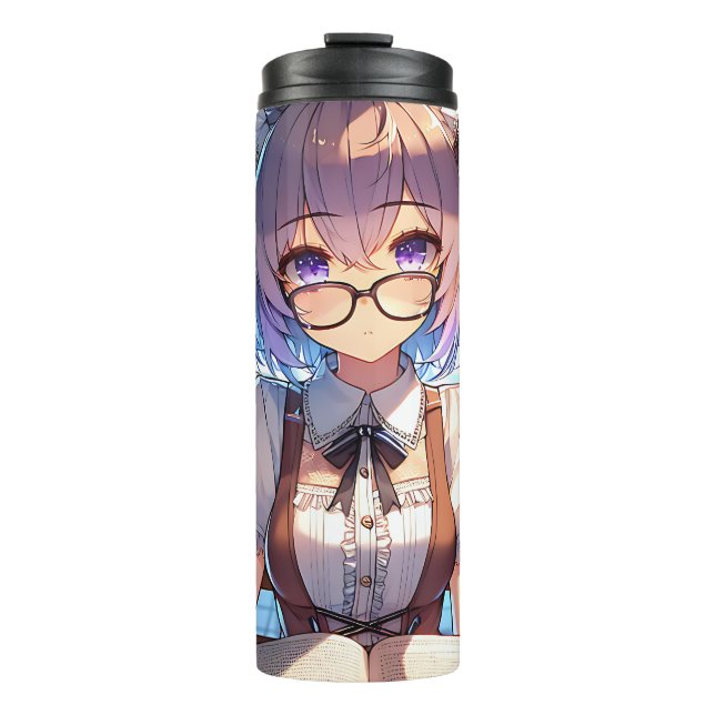 Smart Anime Girl in Library Reading Books Thermosbecher (Vorderseite)