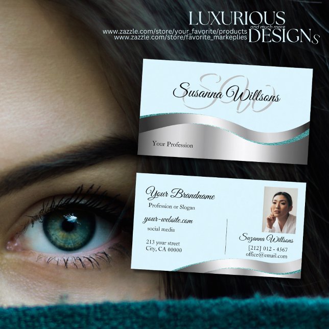 Smart Aquamarin Wavy Silver Deco mit Initials Foto Visitenkarte (Von Creator hochgeladen)