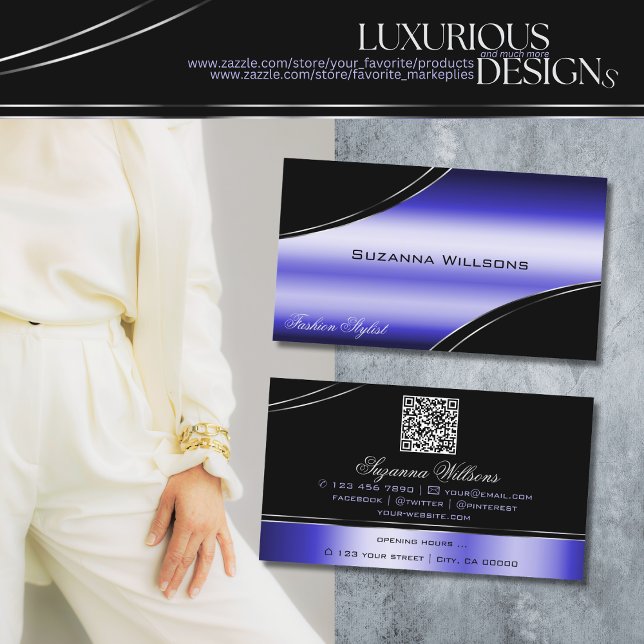 Smart Black Blue Curved Deco Linien mit QR Code Visitenkarte (Von Creator hochgeladen)