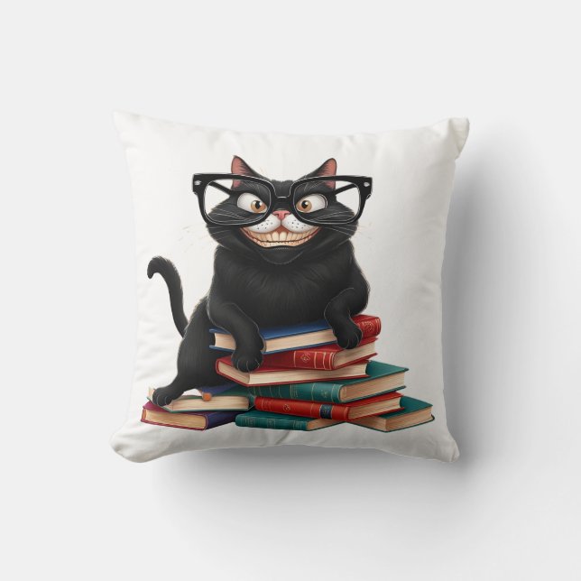Smart Black Cat mit Brille - Funny Cartoon Kissen (Vorderseite)