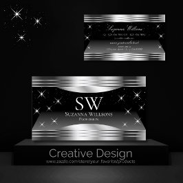 Smart Black Silver Shimmer Bänder mit Monogramm Visitenkarte