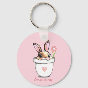 Smart Bunny mit Blume & Herz auf Light Pink Schlüsselanhänger