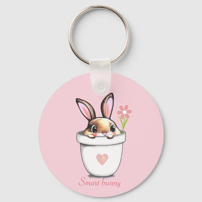 Smart Bunny mit Blume & Herz auf Light Pink Schlüsselanhänger (Vorderseite)
