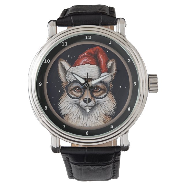Smart Fox Christmas Hat Image Armbanduhr (Vorderseite)